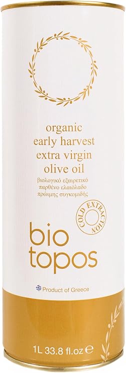 Biotopos 1L Organic Cold Pressed Extra Virgin Olive Oil, Early Harvest, Active Polyphenols, Koroneiki, Quality Drinking Greek EVOO, Family Estate, 1 Litre Tin