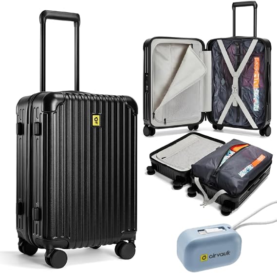 AirVault Vacuum Seal Air Compression 20-Inch Suitcase Carry-On Travel Luggage USB Port Pump TSA Lock Backpack Vacpack 20" - HyperVault, Matte Black, 60L Capacity (1 Vacuum Bag)