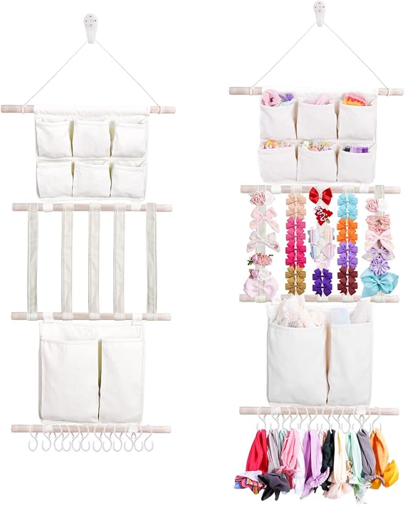 cherrboll Hair Bows Holder Headband Organizer for Girls, Hair Clips Hanger Storage with Hooks, Wall Hanging Decor for Nursery Room