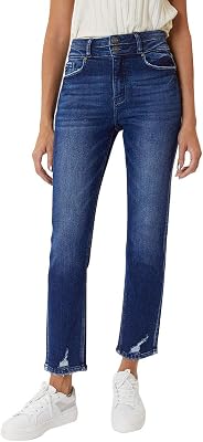 Kancan Womens High Rise Hem Detail Straight Jeans - KC5217D-OP Dark Wash, 29 US 11