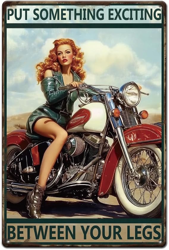 SUPERDANT Motorcycle Metal Signs Pin Up Lady Tin Signs Riding Wall Plaques Put Something Wxciting Iron Poster Art for Man Cave Garages Home Bedroom Vintage Decor