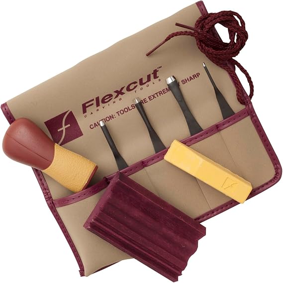 FLEXCUT SK130 5-Piece Lino & Relief Printmaking Set, Carbon Steel Blades (SK306, SK309, SK803, SK307), Quick Connect ABS Handle, Tool Roll, Strop & Honing Compound 12 oz, Made in USA