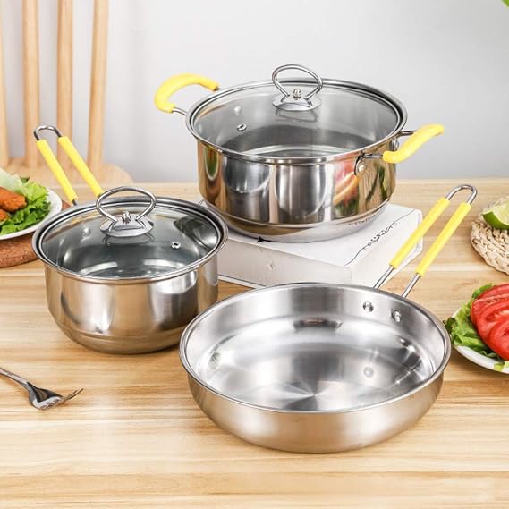 Cooking Pot, Pots and Pans,3 Piece Non Stick Cookware Sets,Stainless Steel Induction Cooking Pans Set (24cm-Frying Pan 22cm-Saucepan 18cm-Milk Pan) (Yellow Variety Pack) (Yellow Variety Pack)