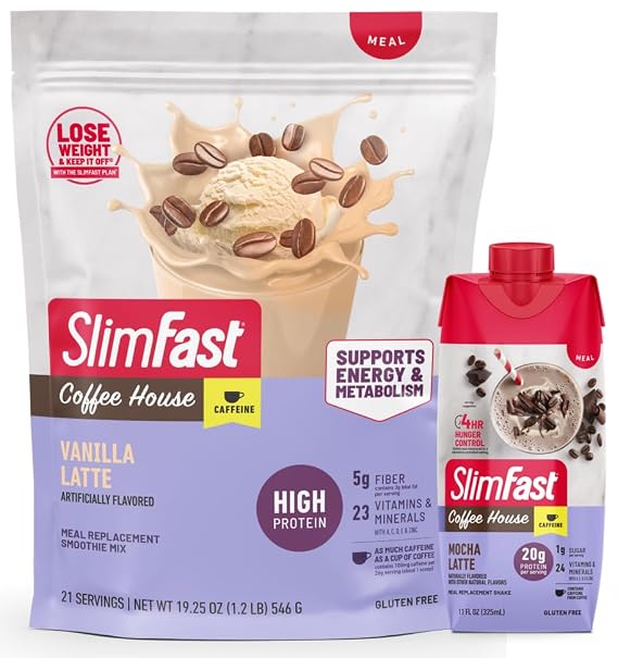 SlimFast High Protein Latte Bundle, Caffeine, 20g Protein, Vanilla Latte Meal Replacement Powder, 21 Servings + Mocha Latte Protein Shake, Meal Replacement Shake Ready to Drink, 11 Fl Oz (Pack of 12)