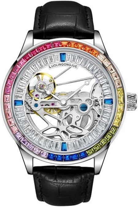 Skeleton Flywheel Mechanical Watches Rainbow Bezel Transparent Movement Dial Automatic Watch Waterproof Birthday Festive Gift for Men