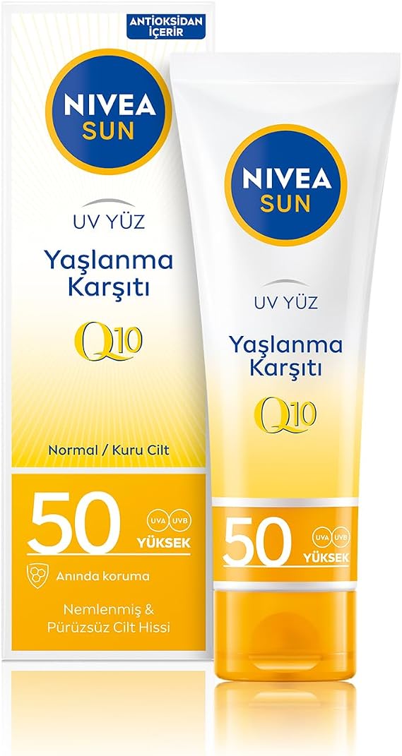 NIVEA SUN Yaşlanma ve Leke Karşıtı Q10 Yüz Güneş Kremi SPF50 50 ml, Nemlendirme, Normal ve Kuru Ciltler