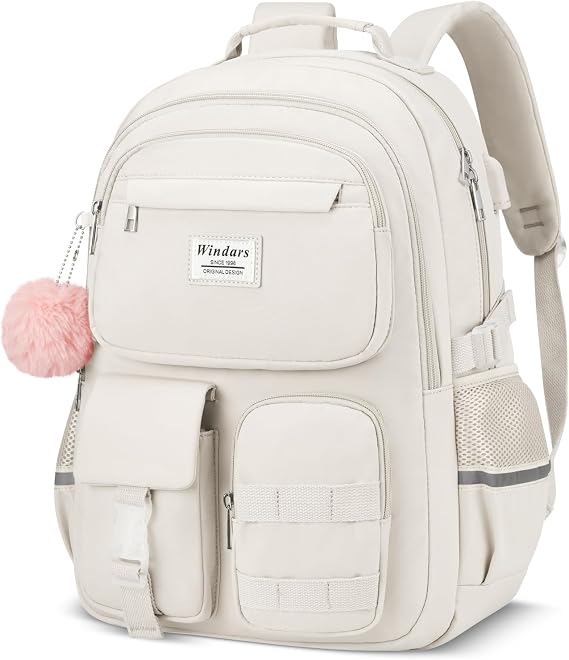 WINDARS School Backpack for Teen Girls, Cute Laptop Backpack for Women Students, Middle High School Bags Aesthetic Bookbag for College Travel Fit 15.6 Inch Laptop (Beige)