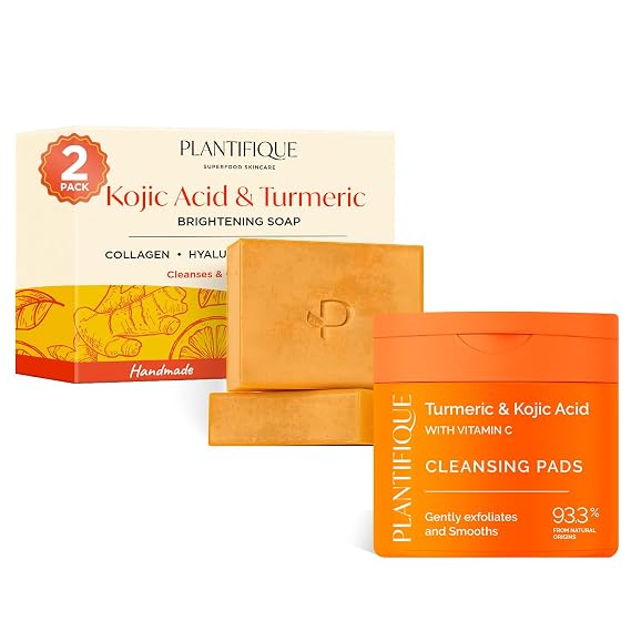 PLANTIFIQUE Kojic Acid Soap for Hyperpigmentation - Turmeric Soap 2 Bars & Kojic Acid and Turmeric Cleansing Pads 60
