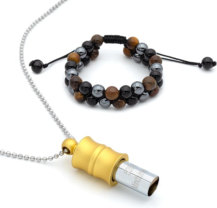 Tiger Eye, Black Onyx & Hematite Beaded Bracelet with 528 Hz Mindfulness Pendant Necklace Set, Adjustable