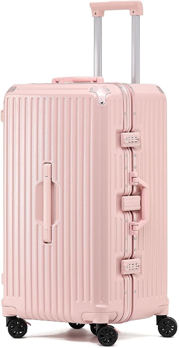 BEITH 30 Inch Trunk Luggage with Cup Holder, USB, Type-C, Large Checked Aluminum Frame Suitcase, 5 Wheels Double Spinner, Zipperless Thickened 3-Layer PC Hardshell, Braking, Shock Absorption (Pink)