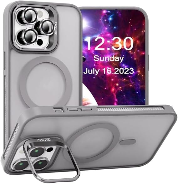 MADNOVA iPhone 13 Pro Max için Kılıf Kamera Korumalı Magsafe Wireless Şarj Özellikli Lens Hediyeli Mat Şeffaf Renkli Standlı Kılıf (GRİ)
