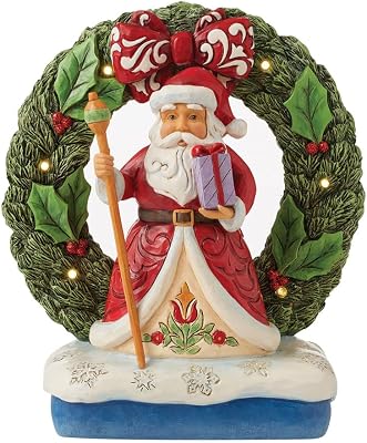 Enesco Jim Shore Heartwood Creek Santa Standing by Wreath Lit Figurine, 7 Inch, Multicolor