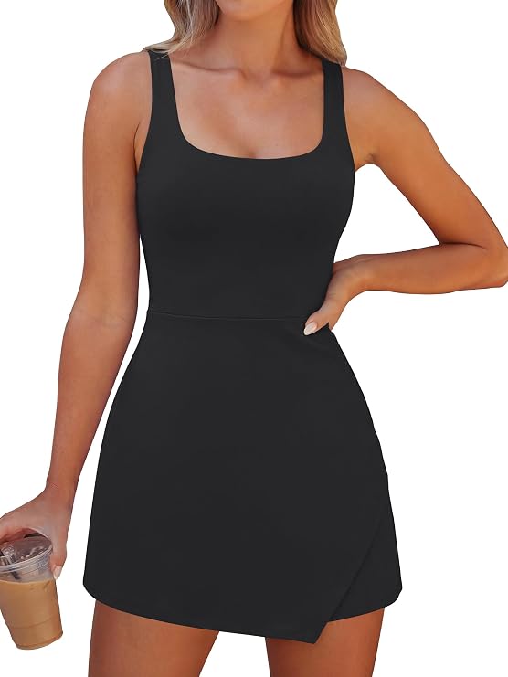Caracilia Women Tennis Dress with Built in Shorts Summer 2026 Square Neck Sleeveless Athletic Golf Mini Dress Workout Outfits