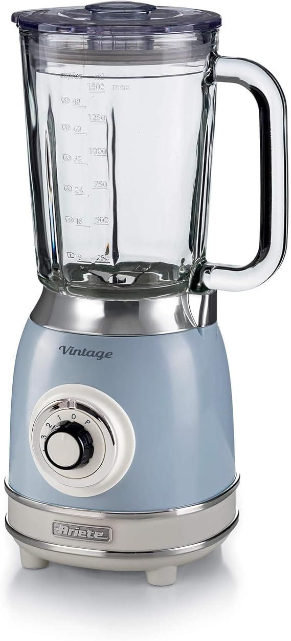 Ariete Vintage Glass Blender Blue 0583/05-1.5 Liter Capacity Glass Jug, 4 Speed Tiers, Pulse Feature and Ice breaking Function, Strong Performance with 4 Stainless Steel Blades