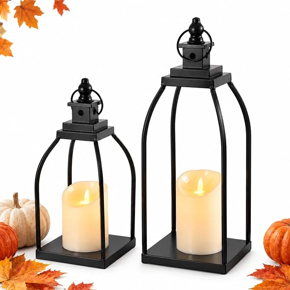 Decorative Candle Lanterns Set of 2, Black Metal for Indoor & Outdoor
