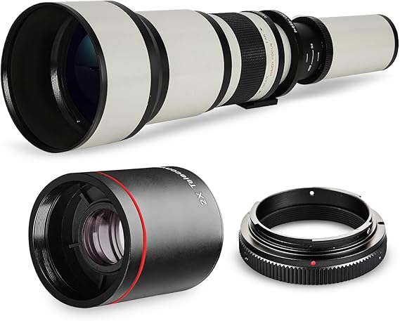 Long-Range 650mm-1300mm f/8 Telephoto Zoom Lens for Nikon DF, D3100, D3200, D3300, D3400, D5100, D5200, D5300, D5500, D5600, D7000, D7100, D7200, D300s, D600, D610, D700, D750, D800, D810, SLR White