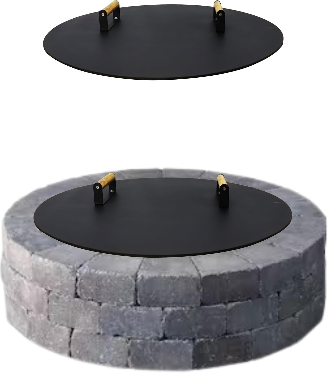34” Fire Pit Cover Lid Round - Fit for 32” Round Fire Pit Lid for Outdoor Fireplace Cover Lid Steel fire pit metal cover W 2 Wooden Handles & Heat Resistant Snuffer Lid for Patio Fire Pit Ring
