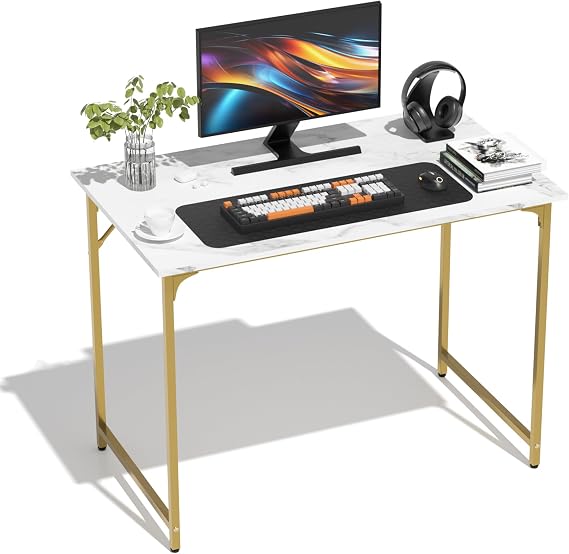 39 Inch Heavy-Duty Computer Desk - Solid Wood Top & Reinforced Steel Legs - Modern Simple Style Writing Study Work Table for Home Bedroom, White