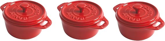 STAUB Ceramic Dutch Oven 3-piece Mini Round Cocotte, Cherry