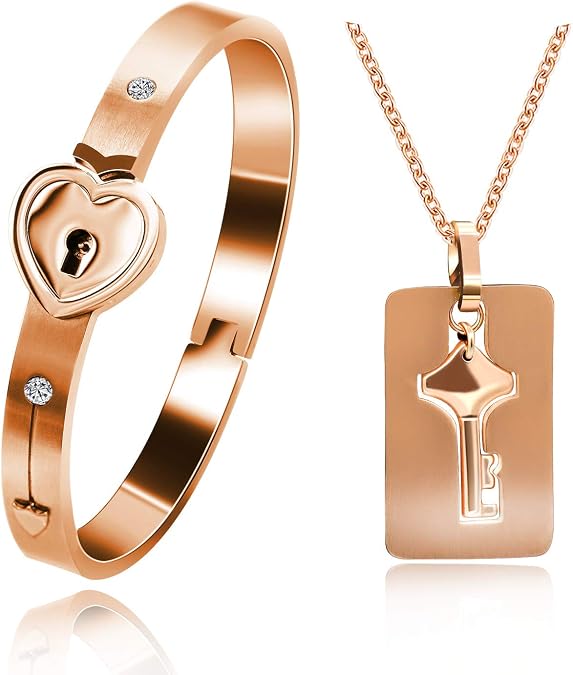 Uloveido Rose Gold Plated Titanium Matching Puzzle Couple Heart Lock Bracelet and Key Pendant Necklace for Men and Women