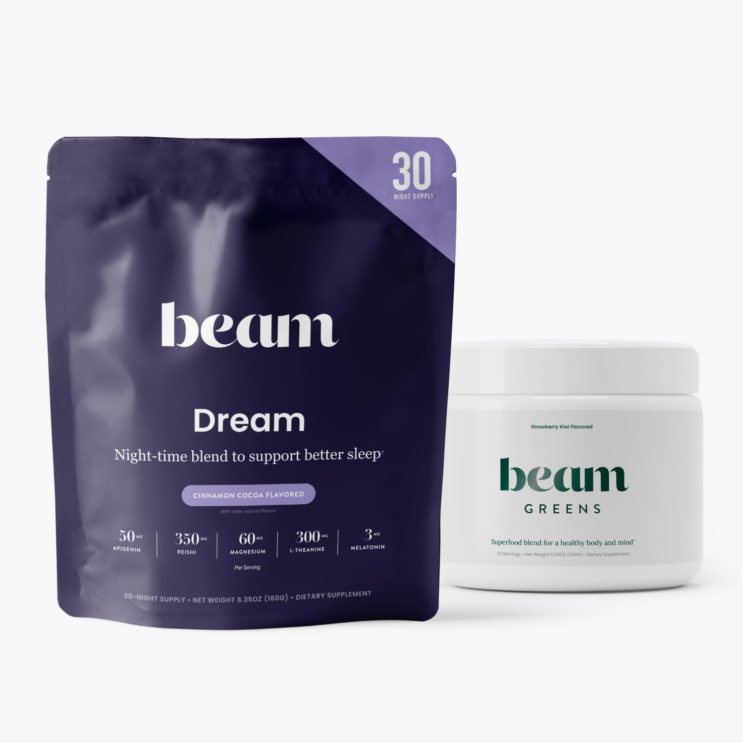 Dream Sleep Powder, Sleep Aid and Beam Greens Powder, Greens Superfood Bundle, 30 Servings Each