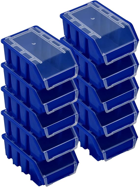PAFEN Stapelboxen Set – 10x Stapelbox mit Deckel 160 x 75 x 115 mm – Sichtbox Stapelbox für Werkzeugwand Lagerbox Blau