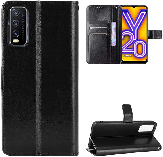 Case for Vivo Y20s 2020 / Y20i 2020 / Y20 2020, Flip Leather Wallet Case, Black