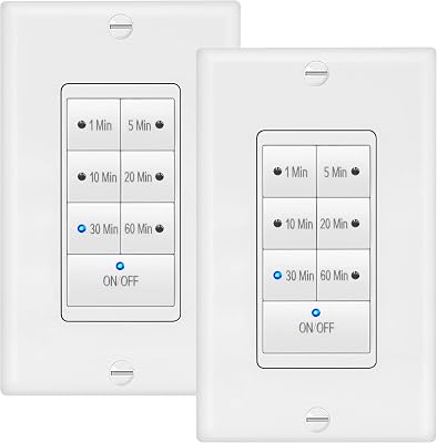 Maxxima 1875 Watt 7 Button Countdown Timer Switch - Maximum 60 Minutes Delay, 12 HP for Bathroom Exhaust Fans, Indoor Automated Lighting, Featuring LED Indicator Lights, Wall Plate Included - 2 Pack