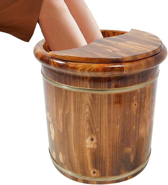 Wooden Foot Basin, 15.75 Inch Home Spa Deep Soaking Barrel Portable Wood Foots Basin Set Traditional Natural Solid Wood Foot Soak Tub with Lid for Home Spa Bath Center (with Massage Beads Plate)