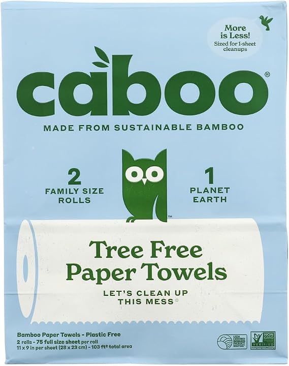 Caboo Tree Free Paper Towels, 2 Rolls, Tree Free, Plastic Free, Earth Friendly, Sustainable Kitchen Paper Towels with Strong 2 Ply Sheets