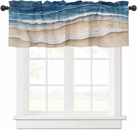 Blue Beach Coastal Valances for Windows, Summer Nautical Kitchen Curtains Window Treatment Decor, Ocean Seaside Beige Rod Pocket Short Window Valances for Living Room/Bedroom, 42" x 12"