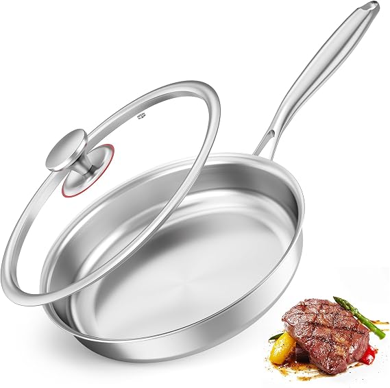 Stainless Steel Frying Pan with Lid, 24cm Saute Pan, Premium 3-Ply Stainless Steel, Coating-Free and PFOA-Free, Suitable for All Stovetops, Dishwasher