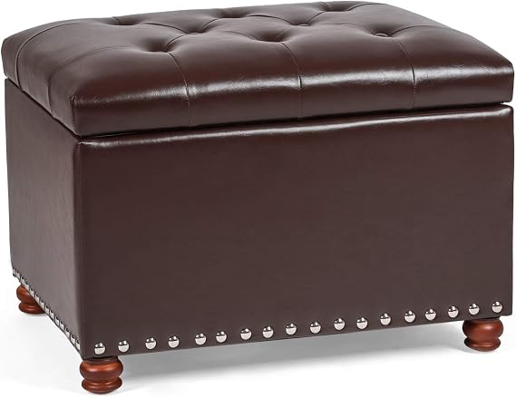 24'' Ottoman with Storage, Upholstered Storage Ottoman Stool, Faux Leather Small Cube Footstools, Hinged Foot Rest Stool for Living Room Bedroom, Red Brown