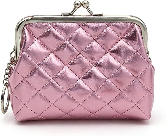 Small Rhombus Leather Kiss-Lock Coin Purse with Keychain, Shiny Metallic Mini Change Pouch for Women, Cash and Cards Holder (Pink)