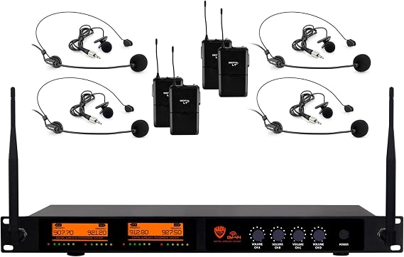 Nady DW-44-LT-HM Gen 2 Quad Digital Wireless Lapel & Headset Microphone System 907.7MHz/921.2MHz/912.8MHz/927.5MHz (Non-Adjustable), Plug and Play Set-up, and 300 ft. Range