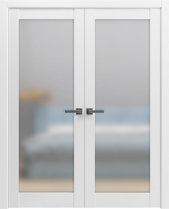 SARTODOORS Interior French Doors 36 x 84 inches | Planum 2102 White | Double Swing Doors | Frosted Glass Solid Wood Hardware Included Modern | Living Room Office