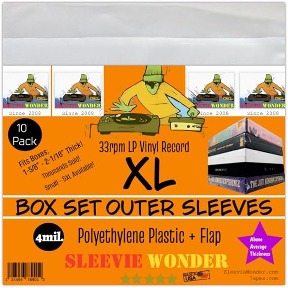 XL Box Set Sleeves (10) + Flap 4mil Thick Strong USA Polyethylene Plastic for 33rpm LP Vinyl Record Album Boxset (+1 Free Dj Sticker)