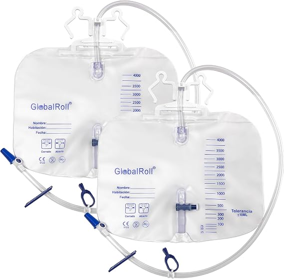 Urinary Drainage Bag with Anti-Reflux Chamber, Bedside Drainage Bag 4000 mL with 39" Drainage Tube, Hook Hanger and Clips, Large Capacity Urine Bag for Home and Hospitals, 2 Pack