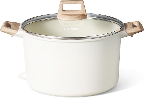 CAROTE Nonstick Stock Pot with Lid, 8 Quart White Granite