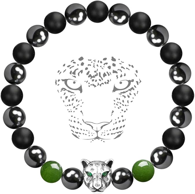 Karseer Black Panther bracelet, Hematite and Onyx Natural Crystals Healing Stone Beads Energy Balance Bracelet Stress Relief Jewelry Gift for Men and Women
