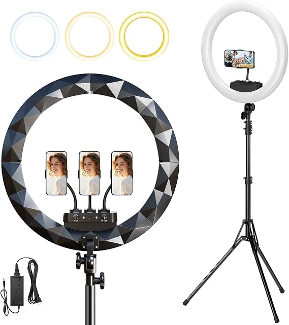 19" LED Ring Light with Stand, 78.7" Tripod, 3 Phone Holders
