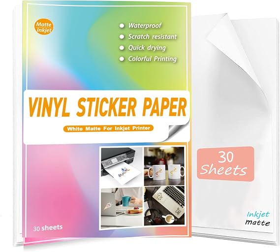 Waterproof Printable Matte Vinyl Stickers Paper for Inkjet Printer- 30 Matte Sticker Paper White Decal Cricut Sheets A4 - Holds Ink Beautifully & Dries Quickly