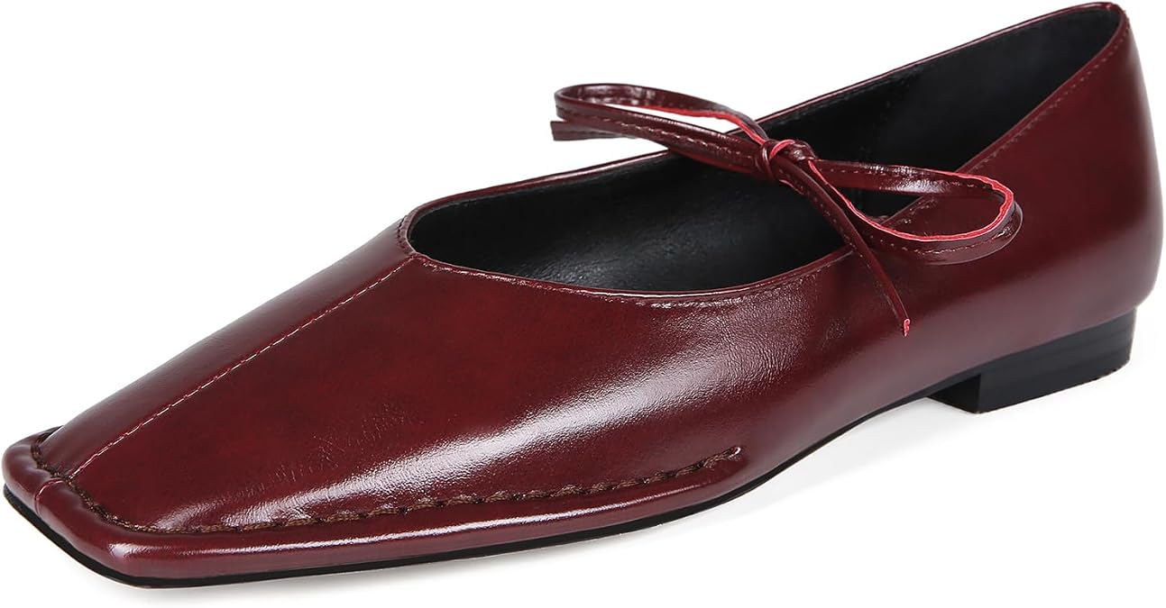 Square Toe Ballet Flats Shoes for Women Lace Up Bow Slip On Mary Jane Flats Shoes Comfortable Casual Ballerina Flats
