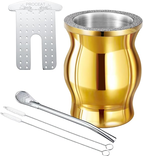 Yerba Mate Cup Set Gold, Highly Polished Mirror Finish, Mate Gourd - 8.5 oz, Includes Mate Cup Double Wall Stainless Steel, Bombilla(Straw), Mate Tea Filter, Cleaning Brush | (Gold)