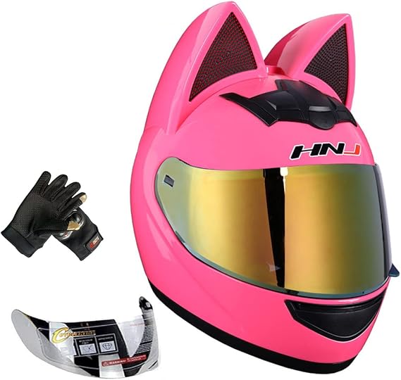 Cat Ear Motorcycle Helmet with Gloves and 2 Visor, Full Face Youth Men and Women Racing Motocross Helmet