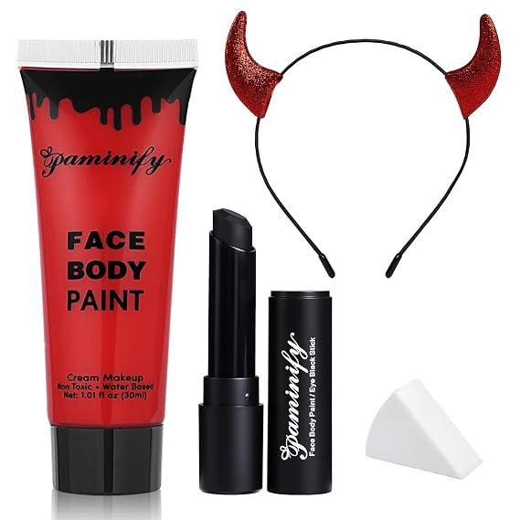 Red Face Paint Halloween Makeup Kit,Devil Horns Headband for Women,1.01oz Water-Based Red Body Paint+Black Lipstick+Sponge+Devil Glitter Headband,Cream Face Paint Stick for Costume