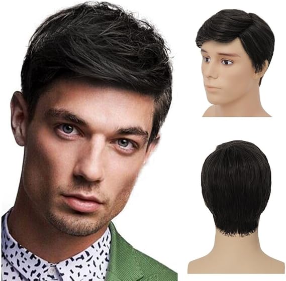 Short Black Wigs for Men Layered Synthetic Fiber Hair Wig for Guy Male Daily Party Use
