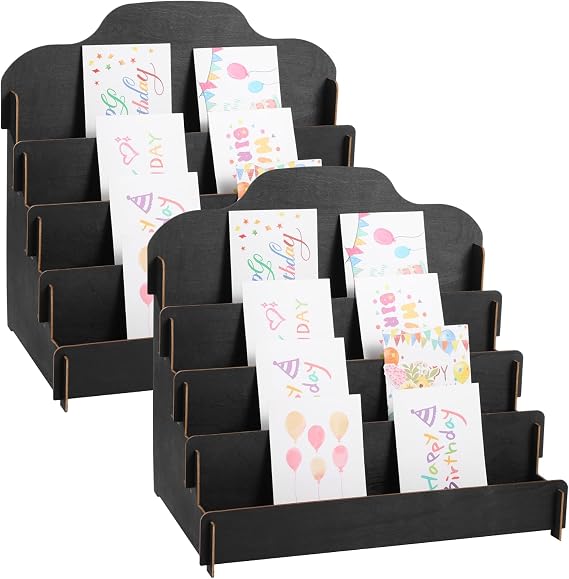 2 PCS Wooden Greeting Card Display Stands, 4-Tier Greeting Card Organizers, Adjustable Card Storage Rack, Simple Design for Easy Access, Ideal for Home and Store Use