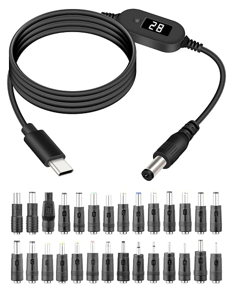 140W USB C to DC Adjustable Cable,28 Set Power Plug Kit,Barrel PD Trigger Cable,5A USB C to DC Switch 5V 9V 12V 15V 20V 28V Support PD3.1 Fast Charging Smart LED Display(3FT/1M)