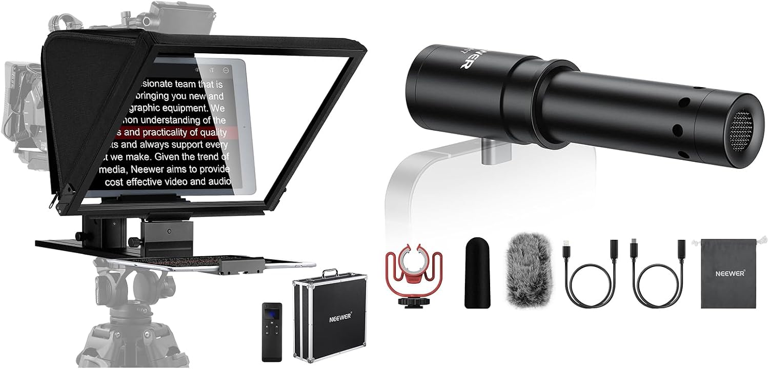 NEEWER Teleprompter X16 with RT113 Remote & App Control, 16 Beamsplitter, Aluminum Alloy Foldable Design, KM17 USB C Microphone Included